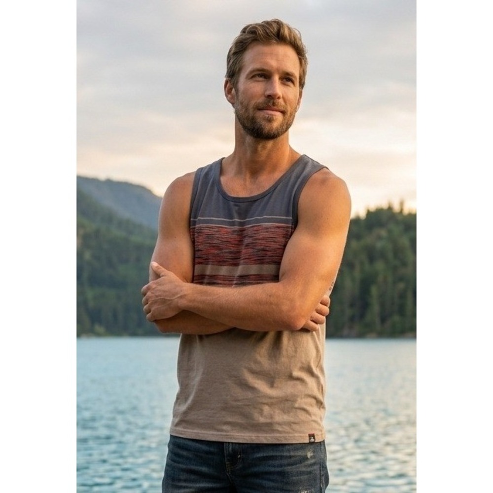prAna Tank Top Men's XXL Brown Striped Throttle Sleeveless Organic Cotton Active